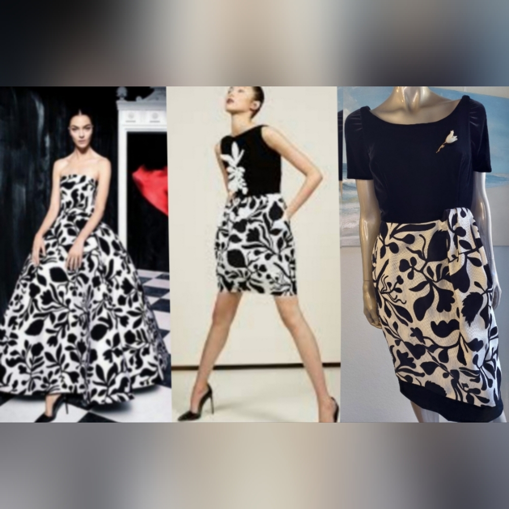 ♡$5,000 OSCAR DE LA RENTA SILK VELVET WHT BLK FLORAL EMBROID RUNWAY DRESS 10